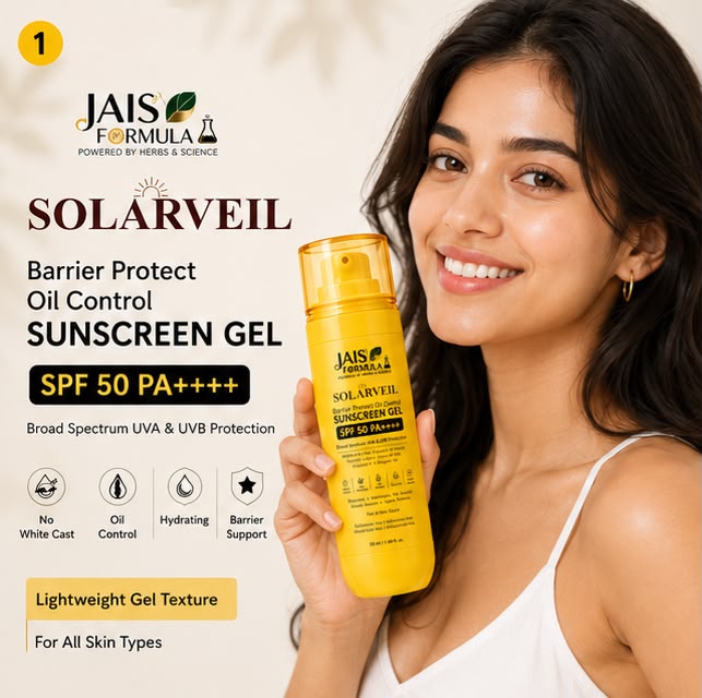 A woman holding a bottle of Jais Formula Solarveil Barrier Protect Oil Control Sunscreen Gel SPF 50 PA++++. The advertisement features a bright yellow bottle, product details, and icons highlighting key benefits like oil control and lightweight gel texture.