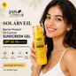 A woman holding a bottle of Jais Formula Solarveil Barrier Protect Oil Control Sunscreen Gel SPF 50 PA++++. The advertisement features a bright yellow bottle, product details, and icons highlighting key benefits like oil control and lightweight gel texture.